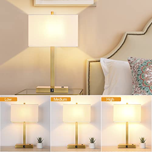 21" Touch Bedside lamps with 2 USB & AC Outlets, 3-Way Dimmable Bedside Table Lamps Set of 2 for Bedroom Living Room Office Reading, White Shade Lamps for Night Stands, 2700K LED Bulbs Included - color: (2 Pack)White Cream Linen & Brushed Gold (Base)-2700