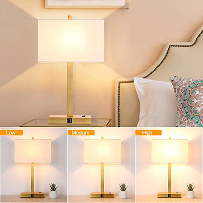 21" Touch Bedside lamps with 2 USB & AC Outlets, 3-Way Dimmable Bedside Table Lamps Set of 2 for Bedroom Living Room Office Reading, White Shade Lamps for Night Stands, 2700K LED Bulbs Included - color: (2 Pack)White Cream Linen & Brushed Gold (Base)-2700