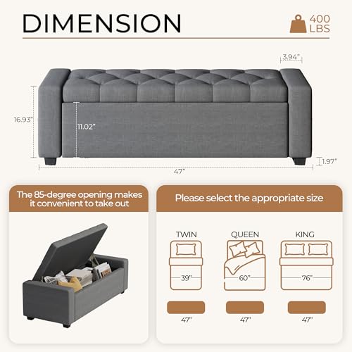 Storage Ottoman Bench,Large Entryway Ottoman with Storage, Rectangular Bench with Cushion and Safety Hinge for Living Room Bedroom,Darkgray - color: Dark Gray