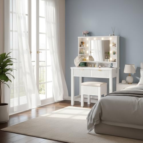 Homkdom Vanity Desk with Mirror and Lights, Makeup Vanity with 2 Large Drawers & Charging Station, Dressing Table Set with Storage Stool, 3 Color Modes Adjustable, Suitable for Small Space, White - style: White