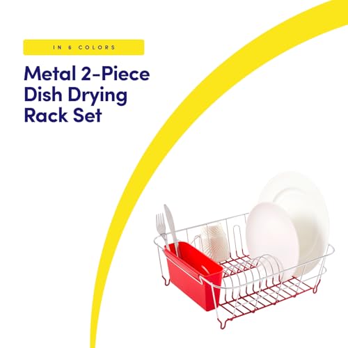 Sweet Home Collection Metal 2 Piece Dish Drying Rack Set Drainer with Utensil Holder Simple Easy to Use Fits in Most Sinks, 14.5" x 13" x 5.25", Red - color: Red