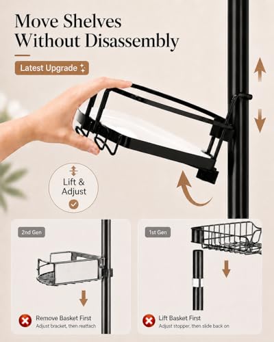 ALLZONE Corner Shower Caddy Tension Pole, 4 Hang-On Basket with Mixed-Height Shelves for Various Bottle Sizes, Extra Hooks & Soap Holder, Rustproof Stainless Steel, Fits 34–116 Inch, Black/White - color: Black/White