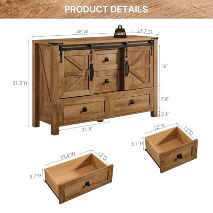 T4TREAM 48" Wide Farmhouse Sideboard Buffet Cabinet, Light Tree Knot | 31.2" Tall Kitchen Cabinet with Storage, 2 Sliding Barn Doors, 4 Drawers, Rustic Wood, Coffee Bar Table, Dining Room - color: Light Tree Knot
