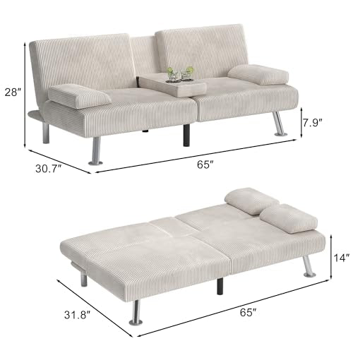 Shahoo Convertible Folding Futon Sofa Bed, Upholstered Sleeper Loveseat | Linen futon equipped with removable armrests, metal legs & 2 cup holders for living room (Beige) - color: Beige, style: Corduroy