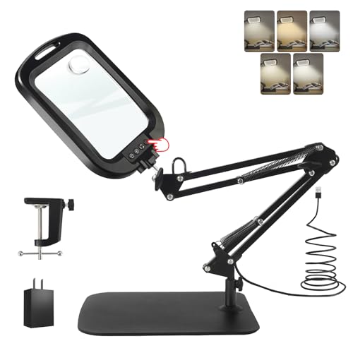 ‌10X 30X Large Square Magnifying Glass with Light and Stand/Clamp | 60 LED Lighted Magnifier, Hands Free 360° Rotatable Desk Lamp for Close Work Reading Craft Hobby Painting Sewing