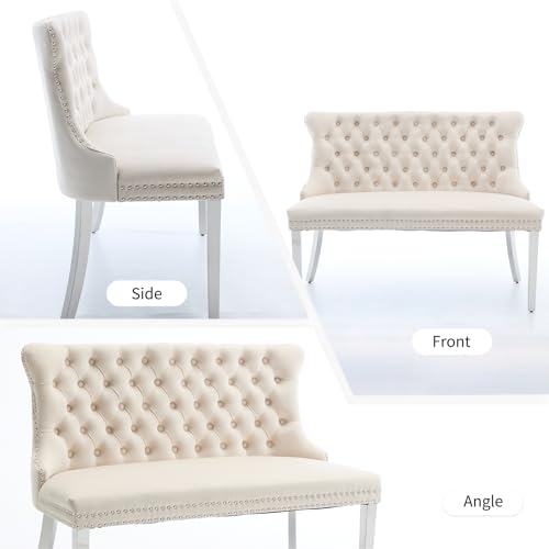 Beige Velvet Dining Bench with Back, Tufted Banquette Seating, Silver Legs | Upholstered loveseat bench; tufted back; nailhead trim; 500 lb capacity; foam and spring seat; dining room or entryway - color: Beige(silver Stainless Steel Legs)