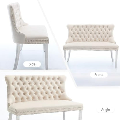 Beige Velvet Dining Bench with Back, Tufted Banquette Seating, Silver Legs | Upholstered loveseat bench; tufted back; nailhead trim; 500 lb capacity; foam and spring seat; dining room or entryway - color: Beige(silver Stainless Steel Legs)