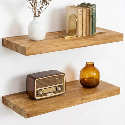 Dreamland 18 Inch Long Floating Shelves Set of 2, Rustic Solid Elm Wood Floating Shelf Wall Mounted, 8 Inch Deep Wall Shelves with Invisible Bracket for Living Room Bathroom Bedroom Kitchen, Natural - color: Natural, size: Flat Edge - 18"L