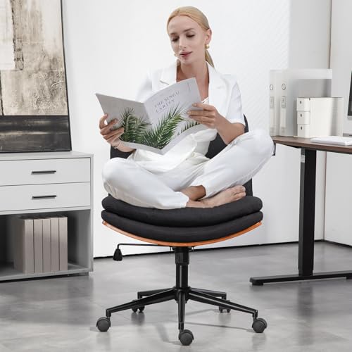 Armless Modern Walnut Office Desk Chair with Wheels, Adjustable Wide Swivel Task Chair, Ergonomic Cross Legged Fabric Chair for Conference Room, Home Office (Black) - color: Black (Linen)