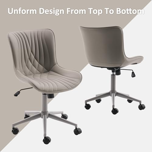 YOUTASTE Grey Armless Office Chair, Modern Adjustable Swivel Desk Chair with Wheels, Upholstered PU Leather, Gray Metal Legs, Back Support for Home Office, Study, Vanity, Bedroom - color: All Grey