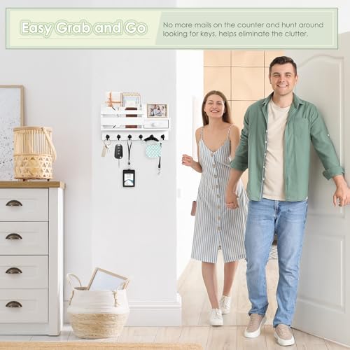 VIS'V Key Holder Wall Mount, Wooden Mail and Key Organizer, White | Contains Little Drawer, Small Shelf, 2 Slots, 6 Hooks, for Entryway, Hallway, Doorway, Kitchen, Garage, RV - color: White