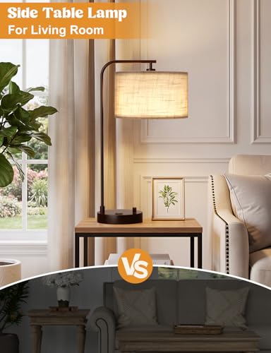Innqoo Grey Tall Lamp for Bedroom with USB Port and Outlet, Dimmable Nightstand Bedside Lamps with Linen Lampshade, Desk Lamp for Home Office, Living Room, Guest Room, LED Bulb Included - color: H-Gray Shade & Brown Base
