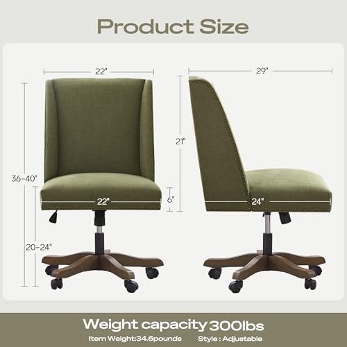 Upholstered Armless Office Chair Fabric Swivel Home Desk Chair with Wheels | Modern Comfy Boho Office Chair with Wooden Legs Adjustable Desk Chair no Arms for Sewing Women Farmhouse Study Studio Green - color: Green