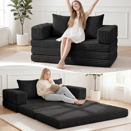Boneless Loveseat Sofa Bed,Small Couch Bed Futon Sleeper Sofa,Convertible Pull Out Couch with Removable Armrests Backrest,Corduroy Folding Floor Boneless Couch for Living Room,Small Space,Black - color: Black, size: Loveseat
