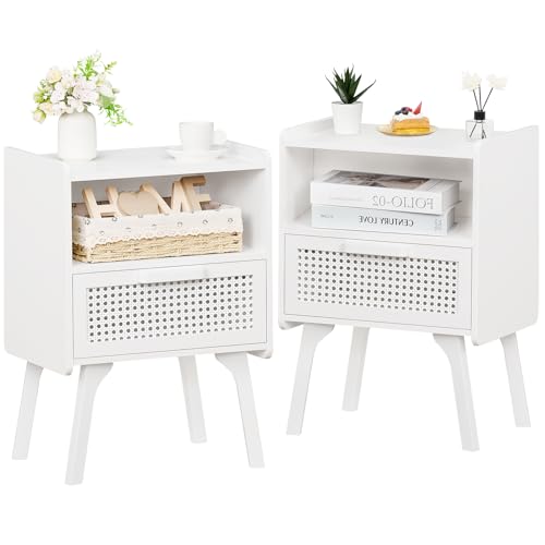 Lerliuo Rattan Nightstands Set of 2, Side Table with Drawer Open Shelf | Cane Accent Bedside End Table with Solid Wood Legs, Mid Century Modern Night Stand for Bedroom, Dorm and Small Spaces (White) - color: White, size: 2 pack