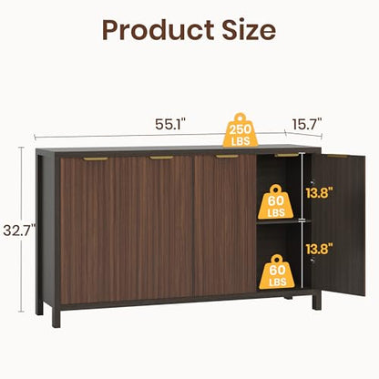 Fluted Buffet Cabinet with Storage, 55" Sideboard Cabinet with 4 Doors, Modern Credenza Accent Console Cabinet Coffee Bar Table for Living Room Dining Room Hallway, Dark Walnut - color: Dark Walnut