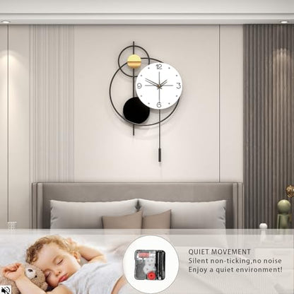 Large Modern Wall Clock for Living Room Decor 24 Inch Big Decorative Black Metal Wall Clock with Pendulum for Home Bedroom Kitchen Office Battery Operated Non Ticking Decoration Clocks Wall - style: Contemporary