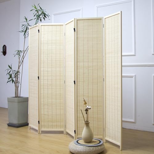 5 Panel Bamboo Room Divider – 5.6 ft Tall Folding Privacy Screen, Natural Beige Freestanding Room Partition Wall for Home Office (67" x 76.75", 5-Panel) - color: Beige, size: 5 Panel