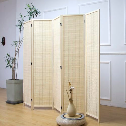 5 Panel Bamboo Room Divider – 5.6 ft Tall Folding Privacy Screen, Natural Beige Freestanding Room Partition Wall for Home Office (67" x 76.75", 5-Panel) - color: Beige, size: 5 Panel