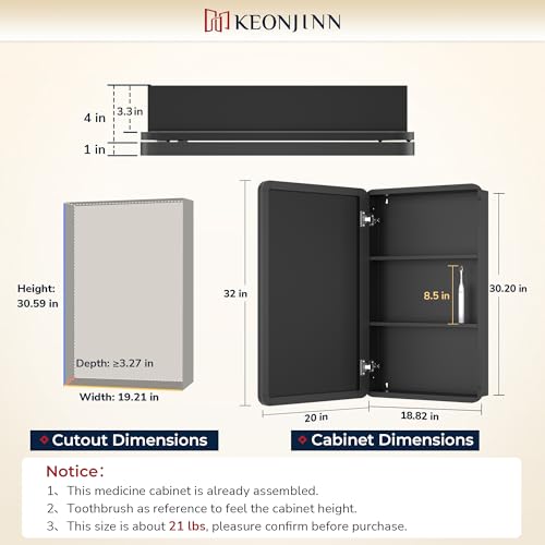 Keonjinn 20 x 32 Inch Chrome Medicine Cabinets for Bathroom with Mirror Adjustable Shelves Stainless Steel Framed Rounded Rectangle Single Door Surface Wall Mounted Silver Bathroom Storage Cabinet | Stainless Steel Framed, Adjustable Shelves, Recessed or