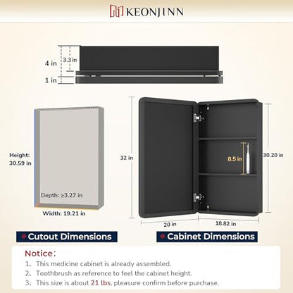 Keonjinn 20 x 32 Inch Chrome Medicine Cabinets for Bathroom with Mirror Adjustable Shelves Stainless Steel Framed Rounded Rectangle Single Door Surface Wall Mounted Silver Bathroom Storage Cabinet | Stainless Steel Framed, Adjustable Shelves, Recessed or