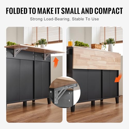 VEVOR Kitchen Island Cart, 50" Wood Top Breakfast Bar with Trash Cabinet Tilt Out 10 Gallon Storage, Farmhouse Dining Living Room Table with Drop Leaf, Towel Bar, Drawer, Black - color: Black