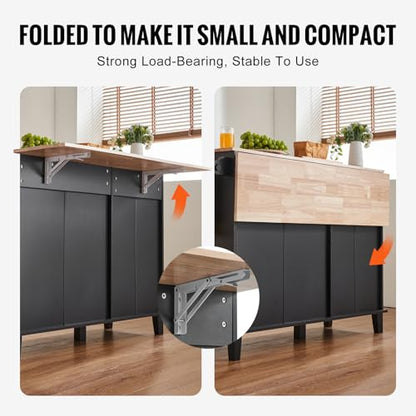 VEVOR Kitchen Island Cart, 50" Wood Top Breakfast Bar with Trash Cabinet Tilt Out 10 Gallon Storage, Farmhouse Dining Living Room Table with Drop Leaf, Towel Bar, Drawer, Black - color: Black