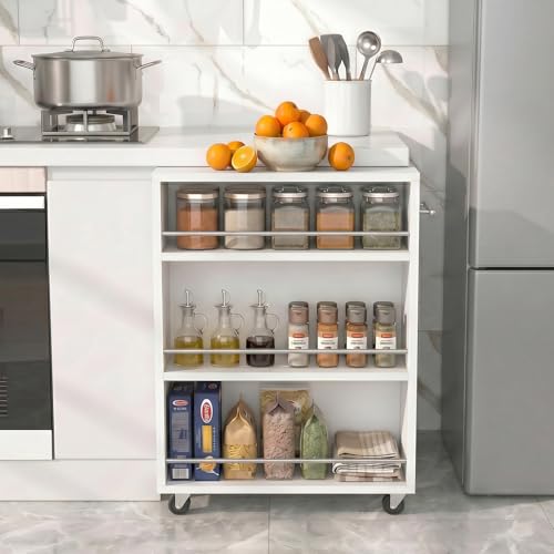 ALBAD Slim Rolling Cart,4-Tier Storage Cart with Wheels,7.9”W Slim Storage Cart with Handle for Kitchen Laundry Narrow Places Bathroom Dining Room Small Spaces | 4 adjustable MDF shelves (20 lbs each), 360° casters + side handle, Fits kitchen, laundry, ba