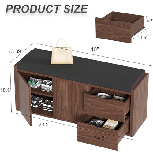 LVB 40” Entryway Bench with Padded Seat Cushion Shoe Bench with 2 Drawers | Wood Hidden Shoe Bench with 2 Drawers Cabinet, Industrial storage Bench for Foyer entrance Living Bedroom, Walnut Oak - color: Walnut Oak