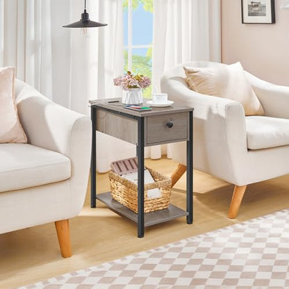 HOOBRO End Table with Charging Station, Narrow Side Table, Small Nightstand, Bedside Tables with Drawer and Storage Shelves, for Small Spaces, Living Room, Bedroom, Greige and Black BG041BZ01G1 - color: Greige+black
