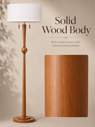 MOFFE Solid Wood Floor Lamp for Living Room,Pull Chains Standing Lamp | 62.8" Tall,17" White Drum Shade,Sculptural Wood Base & Stem,2-Light Design,Standing Lamp for Bedroom,2 Bulbs Included - color: Amber Walnut