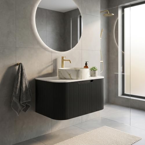 36" Floating Bathroom Vanity with Sink, Wall Mounted Plywood Cabinet, Black Fluted Front, Sintered Stone Countertop, White Marble-Look Ceramic Vessel Sink, Soft-Close Drawer, Pre-Assembled - color: Black Cabinet / White Marble Sink, size: 36 Inch
