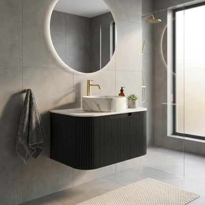 36" Floating Bathroom Vanity with Sink, Wall Mounted Plywood Cabinet, Black Fluted Front, Sintered Stone Countertop, White Marble-Look Ceramic Vessel Sink, Soft-Close Drawer, Pre-Assembled - color: Black Cabinet / White Marble Sink, size: 36 Inch
