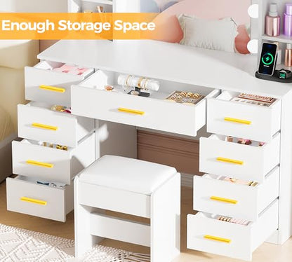 ANWBROAD 9-Drawer Makeup Vanity Desk with Mirror and Lights, White | Vanity Table with Cushioned Stool, 3 Colors Lights, Power Outlet, 6 Open Shelves, 5 Hooks Dressing Table for Girls Women