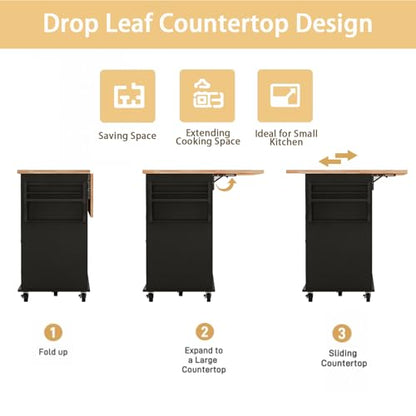 59 Kitchen Island Cart with Drop Leaf Breakfast Bar, Rolling Mobile Kitchen Island Table on Wheels with Storage Cabinet, Drawer, Spice/Towel Rack, Black - size: 59 Inch