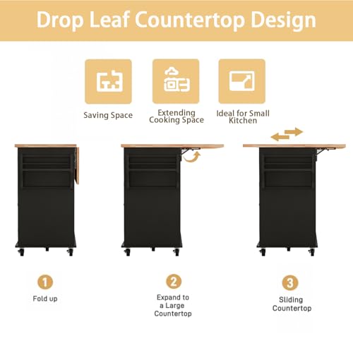 Kitchen Island Cart with Wood Top and Drop Leaf, Rolling Kitchen Island Table on Wheels with Drawer, Storage Cabinet, Spice Rack and Towel Rack for Dining Room, Black - size: 67.1" W, style: Black