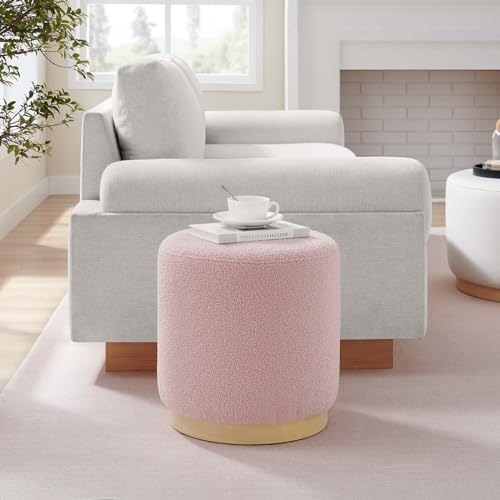 Modway Tilden 16 Inch Round Soft Sherpa Fabric Upholstered Ottoman in Blossom Natural - Small Ottoman Foot Rest with Rubberwood Plinth Base - Living Room Ottoman Side Table - Sherpa Ottoman Footstool - color: Blossom Natural
