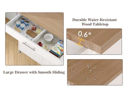 Kitchen Storage Island, Wooden Rolling Island On Wheels with Wood Top, Mobile Kitchen Island Cart with Towel Rack, Spice Rack and Drawers, White - color: White