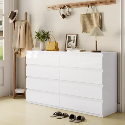 White 8 Drawer Dresser for Bedroom Wooden Closet Storage | Wood Dresser, Modern High Gloss, Handle-Free, for Entryway, Living Room, TV Stand - size: 15.4"D x 55.1"W x 33.9"H (8 Drawers)
