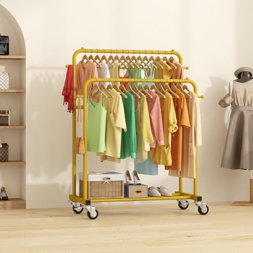 Laiensia Double Rods Garment Rack with Wheels, Clothing Rack for Hanging Clothes,4 Hooks, Multi-functional Bedroom Clothes Rack, Gold - color: Gold