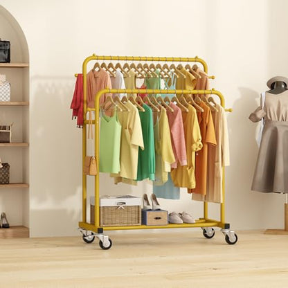 Laiensia Double Rods Garment Rack with Wheels, Clothing Rack for Hanging Clothes,4 Hooks, Multi-functional Bedroom Clothes Rack, Gold - color: Gold