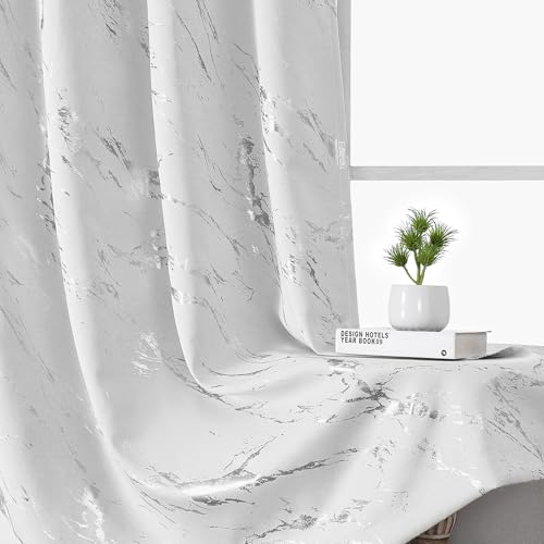 WUBODTI Silver Marble Blackout Curtains 84 inch Bedroom Grommet 2 Panels | Silver on white,metallic pattern,modern abstract,thermal insulated, room darkening,living room,privacy,window treatments - color: Grey White and Silver, size: 52"W x 84"L (Pack of