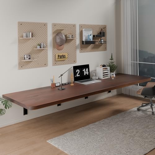 IAE Floating Wall Mounted Folding Table Desk with Pine Wood,72x22in, Walnut | Foldable Workbench,Fold Down Wall Mounted Foldable Desk with Shelf Brackets,Laundry Folding Table for Home,Dining,Kitchen - color: Walnut, size: 72*22*10 Inch