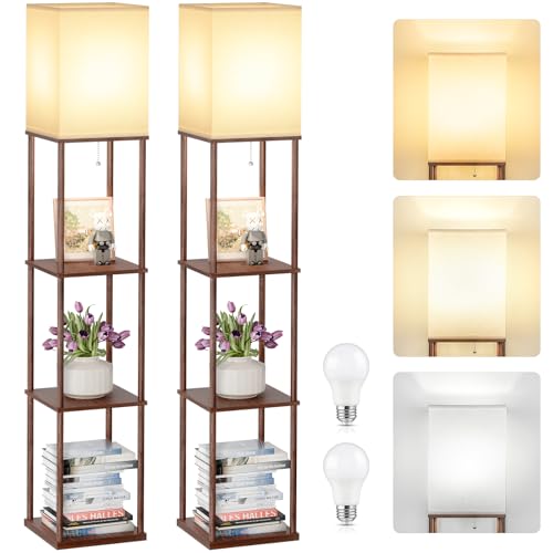 Coucrek 2-Pack Floor Lamp with Shelves, 3-Tier Standing Shelf Lamp | 3CCT 950LM Bulb Included, Storage Bookshelf Tall Standing Lamps for Living Room Bedroom Office - color: Brown