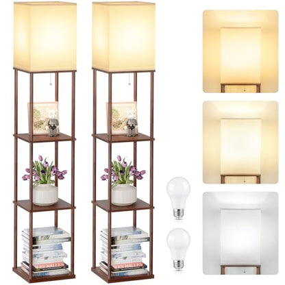 Coucrek 2-Pack Floor Lamp with Shelves, 3-Tier Standing Shelf Lamp | 3CCT 950LM Bulb Included, Storage Bookshelf Tall Standing Lamps for Living Room Bedroom Office - color: Brown