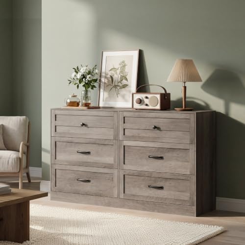Dresser for Bedroom, 54" Wide Solid Wood Chest of Drawers with Metal Handles, 6 Drawers Dresser Storage Organizer for Living Room, Vintage Design, Anti-Tipping Safety, Light Grey