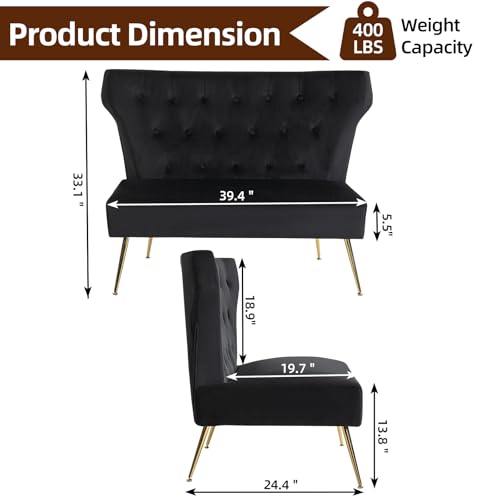 ZJhome Small Sofa, Soft Upholstered 40’’ Armless Velvet Loveseat Couch with High Density Foam, Modern Tufted Cushion with Gold Legs for Bedroom, Dorm, Apartment, Girls, Teens, Easy Assembly,Black - color: Black, size: 40‘’ button