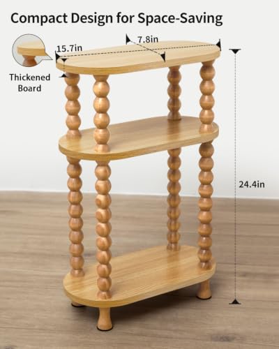 3-Tier Narrow Side Table, Slim End Table for Small Spaces | Skinny wooden side table with shelf storage. Ideal as living room accent or bedroom nightstand.Easy assembly, space-saving - color: Nature