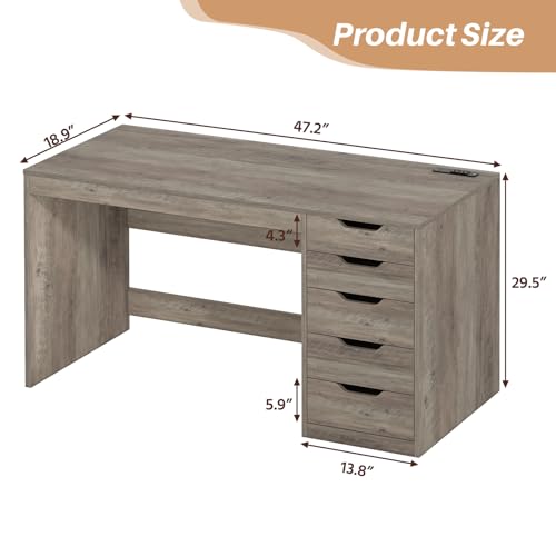 47 Inch Computer Desk with 5 Drawers and Power Outlets for Small Spaces | Home Office Desks with Storage File Cabinet and Charging Station, Modern Simple Laptop Desk Writing Table, Grey - color: Grey