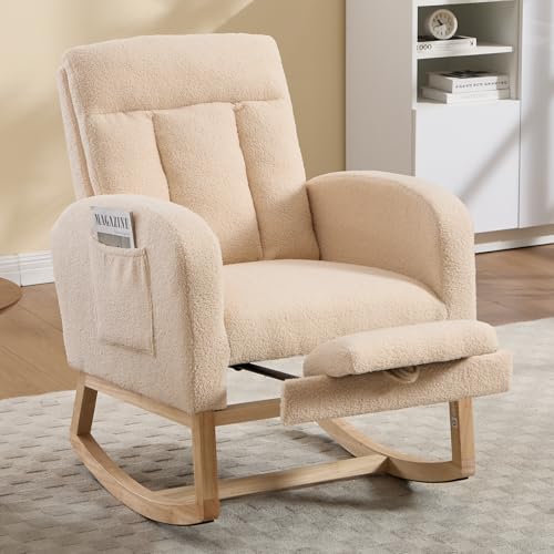 Rocking Chair Nursing, Rocker Chair with Footrest (Beige) | Teddy Boucle Upholstered Accent Reading Chair with High Back & Side Pocket for Living Room Bedroom Nursery Office - color: Beige
